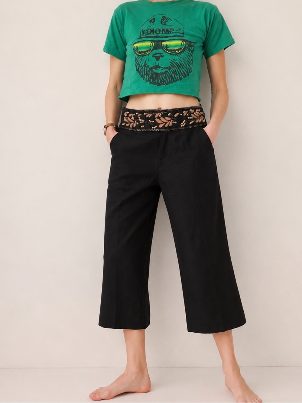 Larry Levine Sport Back Beaded Linen Blend Crop Pants Sz 10
